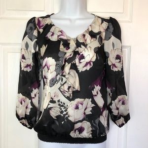 White House Black Market Floral Silk Ruffle Top